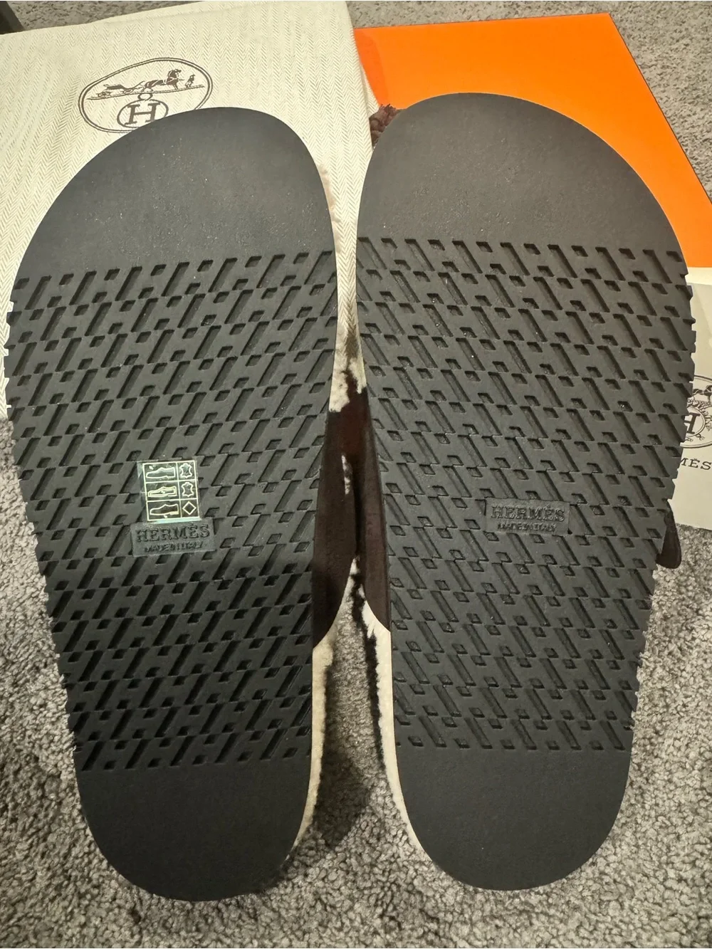 Hermes Shearling Slip-On Slides in Cream and Dark Brown